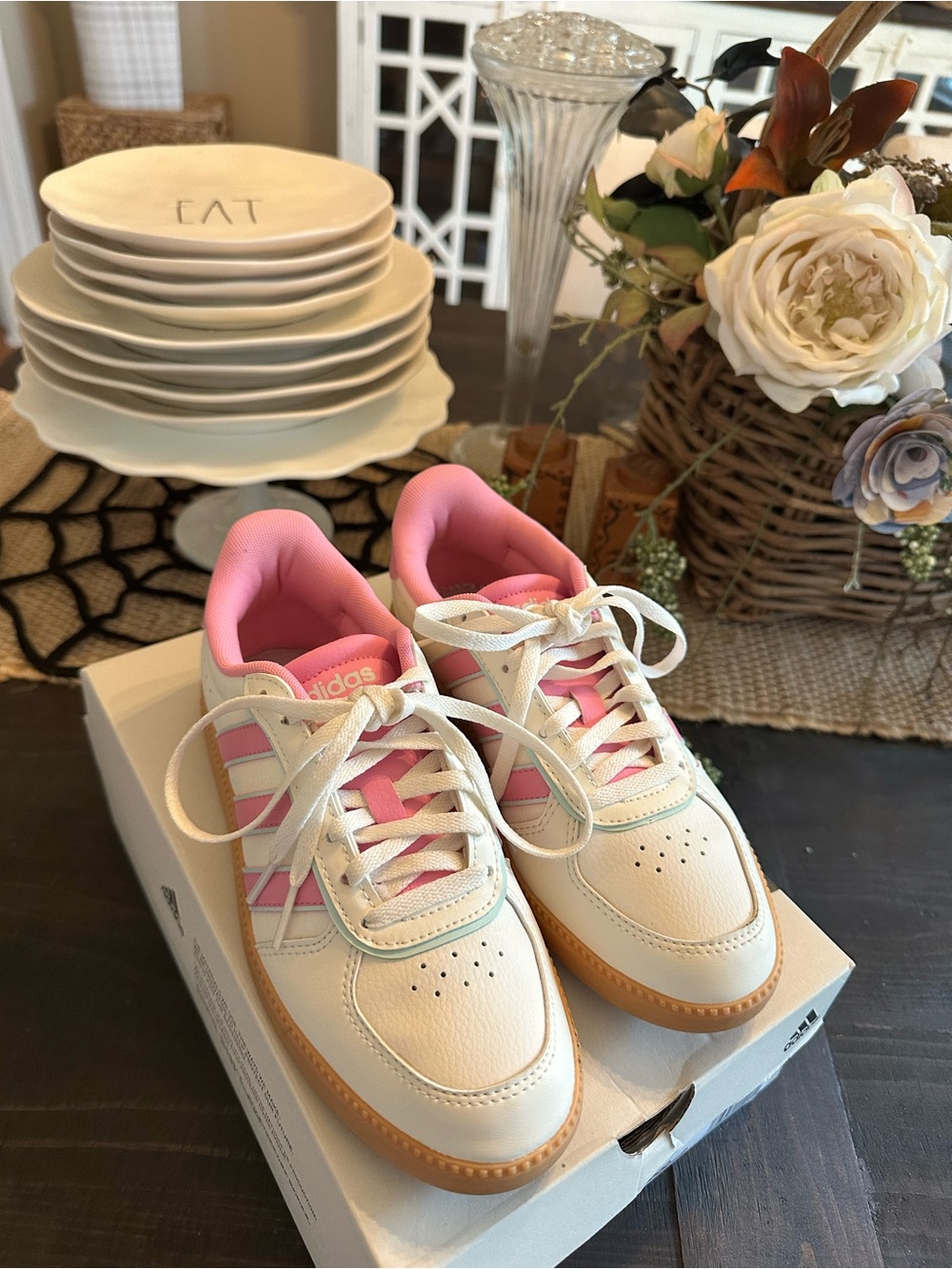adidas Kids Cream Sneakers with Pink Accents